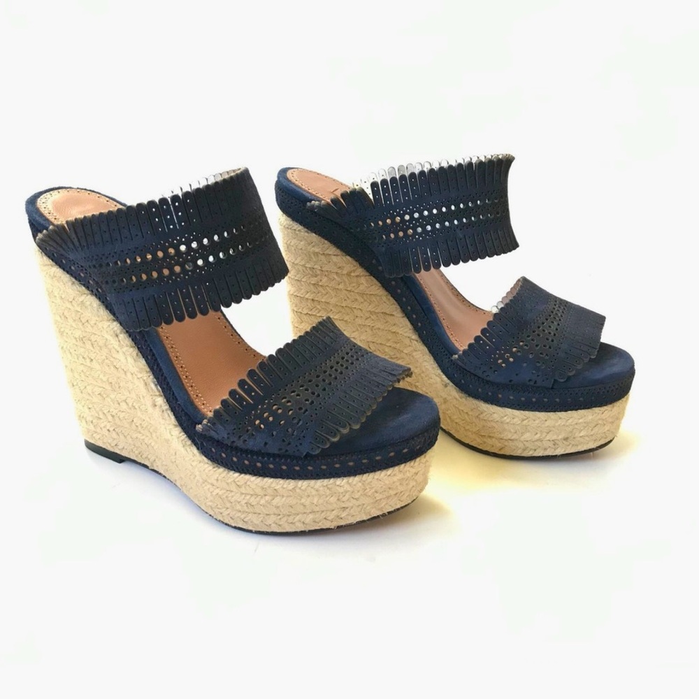 ALAÏA Navy Wedge Sandals (Size 38, Size 7.5)